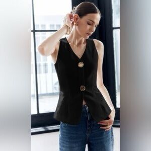 Commense Black Sleeveless Vest with Gold Buttons